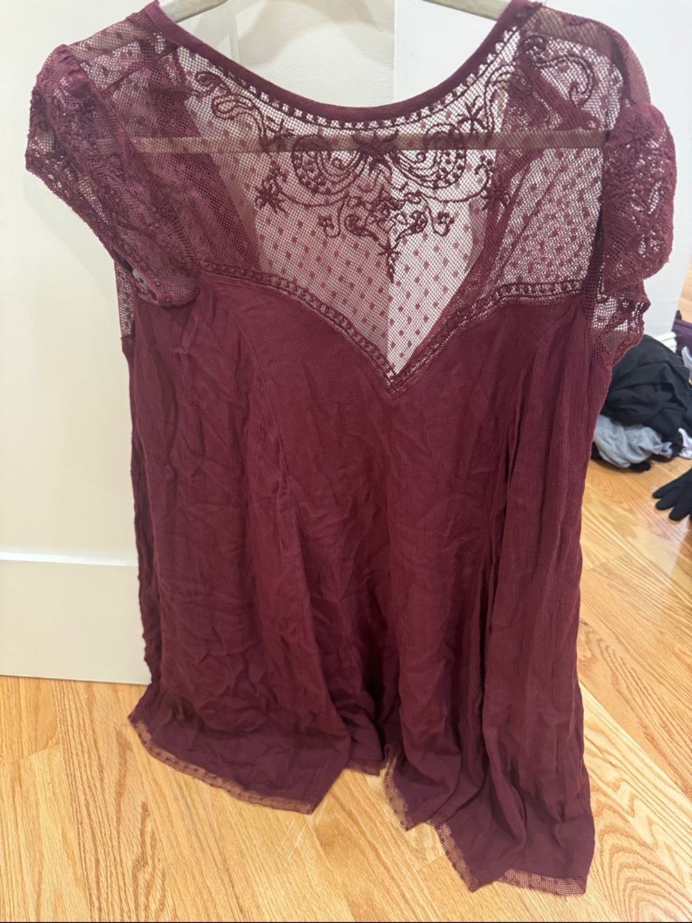 Women's Lace Yoke Cap Sleeve Dress - Burgundy- Urban Outfitters